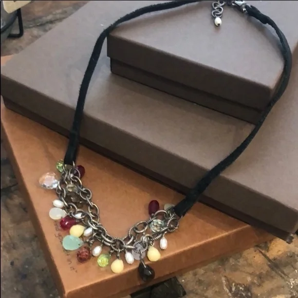 Silpada necklace multi color/multiple gem and pearl necklace stitched leather - Picture 1 of 4